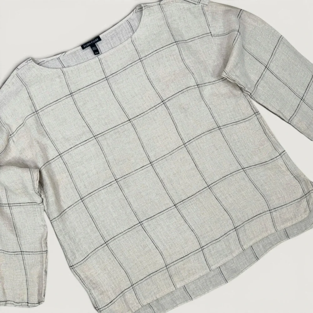 Eileen‎ Fisher Windowpane Organic Linen Blouse Size M Coastal Grandma Lagenlook